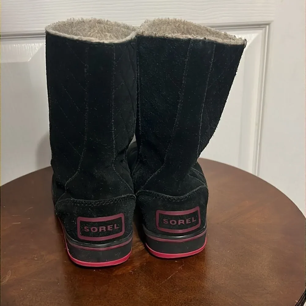 🔥🔥 SOREL Glacy Black & Pink SherpaLined Waterproof Suede Boots - Women Sz 5‎